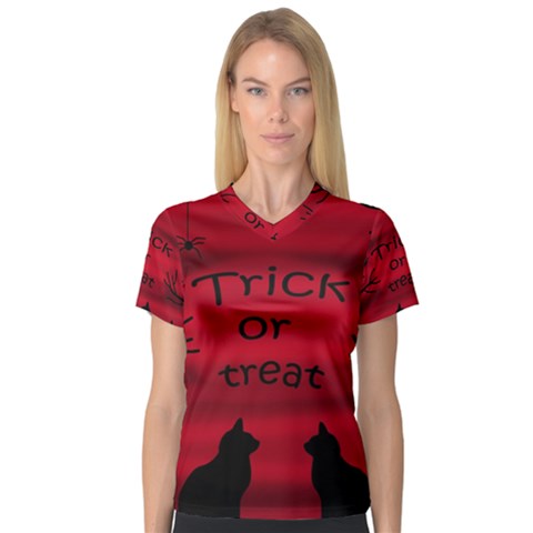 Trick Or Treat - Black Cat Women s V-neck Sport Mesh Tee by Valentinaart