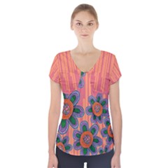 Colorful Floral Dream Short Sleeve Front Detail Top by DanaeStudio