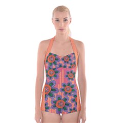 Colorful Floral Dream Boyleg Halter Swimsuit  by DanaeStudio