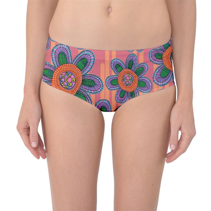 Colorful Floral Dream Mid-Waist Bikini Bottoms