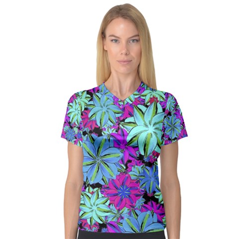 Vibrant Floral Collage Print Women s V-neck Sport Mesh Tee by dflcprintsclothing