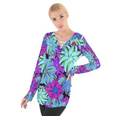 Vibrant Floral Collage Print Women s Tie Up Tee