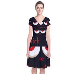 Halloween  trick Or Treat  - Monsters Red Eyes Short Sleeve Front Wrap Dress by Valentinaart