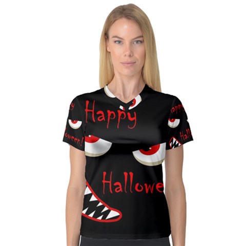 Happy Halloween - Red Eyes Monster Women s V-neck Sport Mesh Tee by Valentinaart