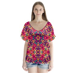 Folk Floral Geometric Pattern V-neck Flutter Sleeve Top