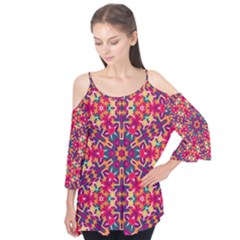 Folk Floral Geometric Pattern Flutter Sleeve Tee 