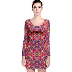 Folk Floral Geometric Pattern Long Sleeve Velvet Bodycon Dress