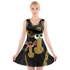 Giraffe Halloween Party V-neck Sleeveless Skater Dress by Valentinaart