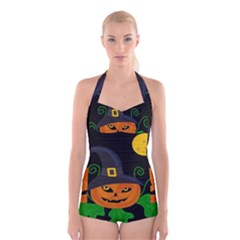 Halloween witch pumpkin Boyleg Halter Swimsuit 