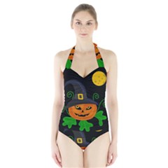 Halloween witch pumpkin Halter Swimsuit