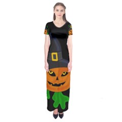 Halloween Witch Pumpkin Short Sleeve Maxi Dress by Valentinaart