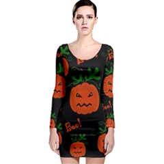 Halloween Pumpkin Pattern Long Sleeve Bodycon Dress by Valentinaart