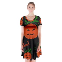 Halloween Pumpkin Pattern Short Sleeve V-neck Flare Dress by Valentinaart