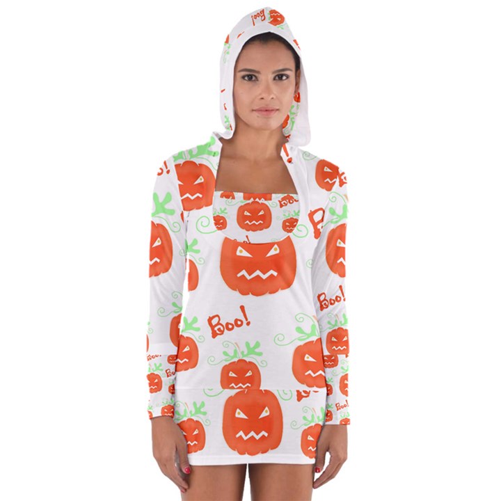 Halloween pumpkins pattern Women s Long Sleeve Hooded T-shirt