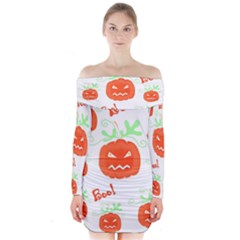 Halloween Pumpkins Pattern Long Sleeve Off Shoulder Dress by Valentinaart