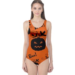 Halloween Black Pumpkins Pattern One Piece Swimsuit by Valentinaart