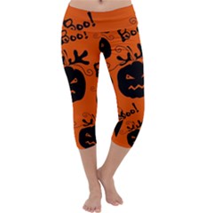 Halloween Black Pumpkins Pattern Capri Yoga Leggings by Valentinaart