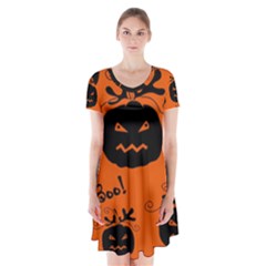 Halloween Black Pumpkins Pattern Short Sleeve V-neck Flare Dress by Valentinaart