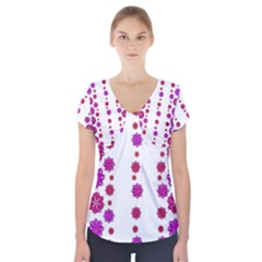 Vertical Stripes Floral Pattern Collage Short Sleeve Front Detail Top by dflcprintsclothing