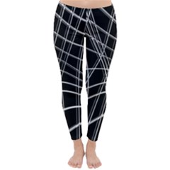 Black And White Warped Lines Winter Leggings  by Valentinaart