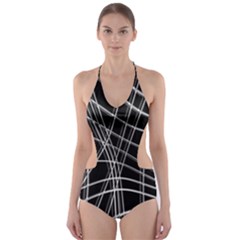 Black And White Warped Lines Cut-out One Piece Swimsuit by Valentinaart