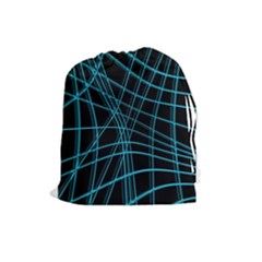 Cyan And Black Warped Lines Drawstring Pouches (large)  by Valentinaart