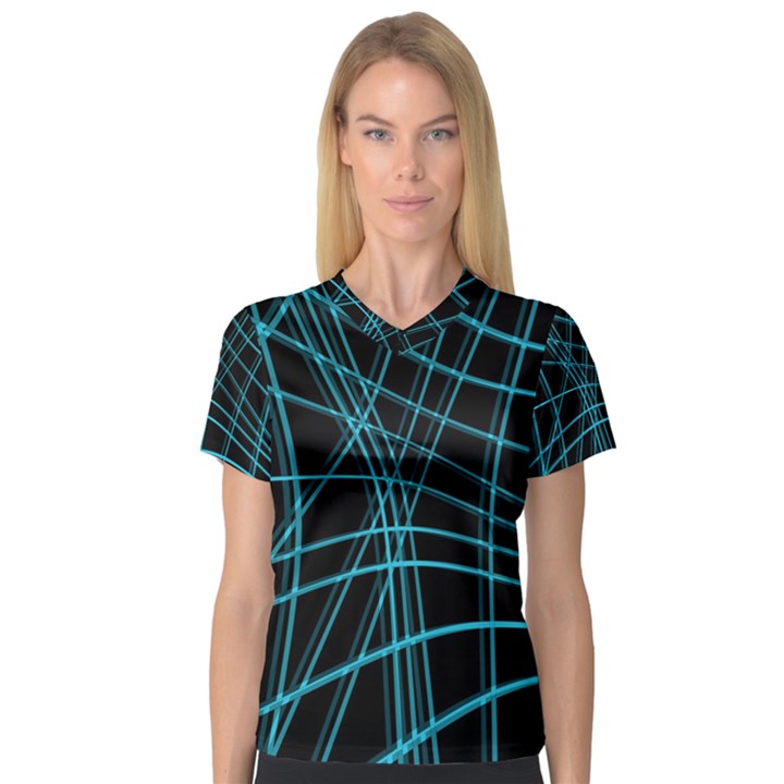 Cyan and black warped lines Women s V-Neck Sport Mesh Tee