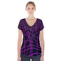 Purple And Black Warped Lines Short Sleeve Front Detail Top by Valentinaart