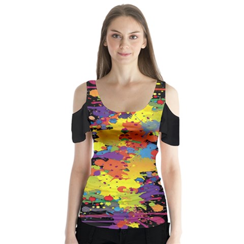 Crazy Multicolored Double Running Splashes Butterfly Sleeve Cutout Tee  by EDDArt