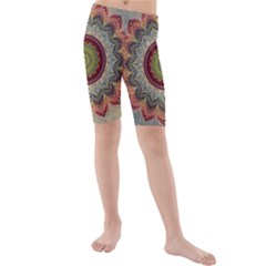 Folk Art Lotus Mandala Dirty Blue Red Kids  Mid Length Swim Shorts by EDDArt