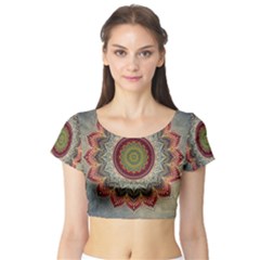 Folk Art Lotus Mandala Dirty Blue Red Short Sleeve Crop Top (tight Fit) by EDDArt