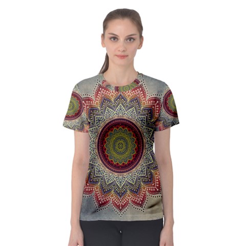 Folk Art Lotus Mandala Dirty Blue Red Women s Sport Mesh Tee by EDDArt