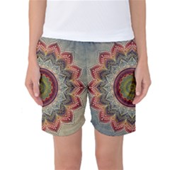 Folk Art Lotus Mandala Dirty Blue Red Women s Basketball Shorts by EDDArt