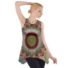 Folk Art Lotus Mandala Dirty Blue Red Side Drop Tank Tunic by EDDArt