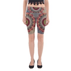 Folk Art Lotus Mandala Dirty Blue Red Yoga Cropped Leggings by EDDArt