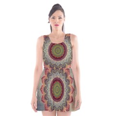 Folk Art Lotus Mandala Dirty Blue Red Scoop Neck Skater Dress by EDDArt