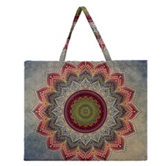 Folk Art Lotus Mandala Dirty Blue Red Zipper Large Tote Bag by EDDArt