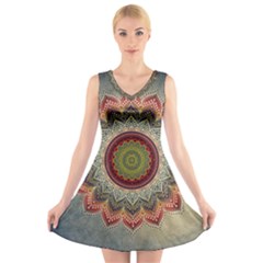 Folk Art Lotus Mandala Dirty Blue Red V-neck Sleeveless Skater Dress by EDDArt