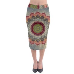 Folk Art Lotus Mandala Dirty Blue Red Midi Pencil Skirt by EDDArt