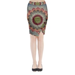 Folk Art Lotus Mandala Dirty Blue Red Midi Wrap Pencil Skirt by EDDArt