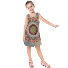 Folk Art Lotus Mandala Dirty Blue Red Kids  Sleeveless Dress by EDDArt