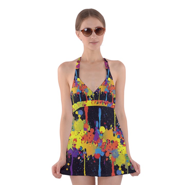 Crazy Multicolored Double Running Splashes Horizon Halter Swimsuit Dress