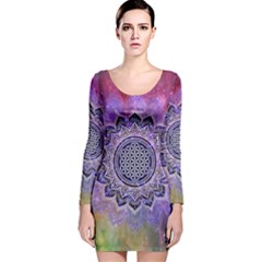 Flower Of Life Indian Ornaments Mandala Universe Long Sleeve Velvet Bodycon Dress by EDDArt