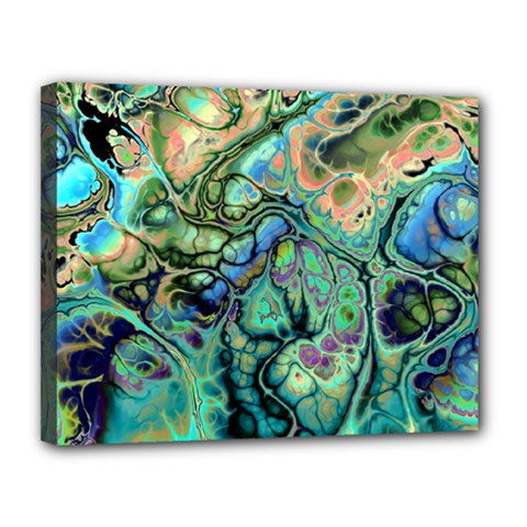 Fractal Batik Art Teal Turquoise Salmon Canvas 14  X 11  by EDDArt