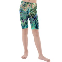 Fractal Batik Art Teal Turquoise Salmon Kids  Mid Length Swim Shorts by EDDArt