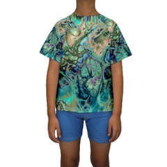 Fractal Batik Art Teal Turquoise Salmon Kids  Short Sleeve Swimwear by EDDArt