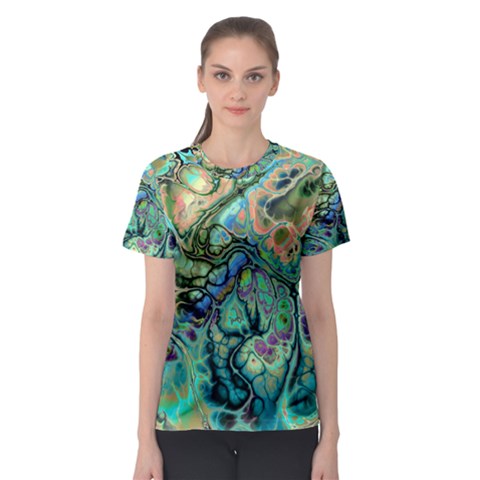 Fractal Batik Art Teal Turquoise Salmon Women s Sport Mesh Tee by EDDArt