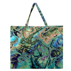 Fractal Batik Art Teal Turquoise Salmon Zipper Large Tote Bag by EDDArt