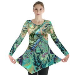 Fractal Batik Art Teal Turquoise Salmon Long Sleeve Tunic  by EDDArt