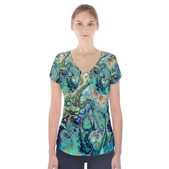 Fractal Batik Art Teal Turquoise Salmon Short Sleeve Front Detail Top